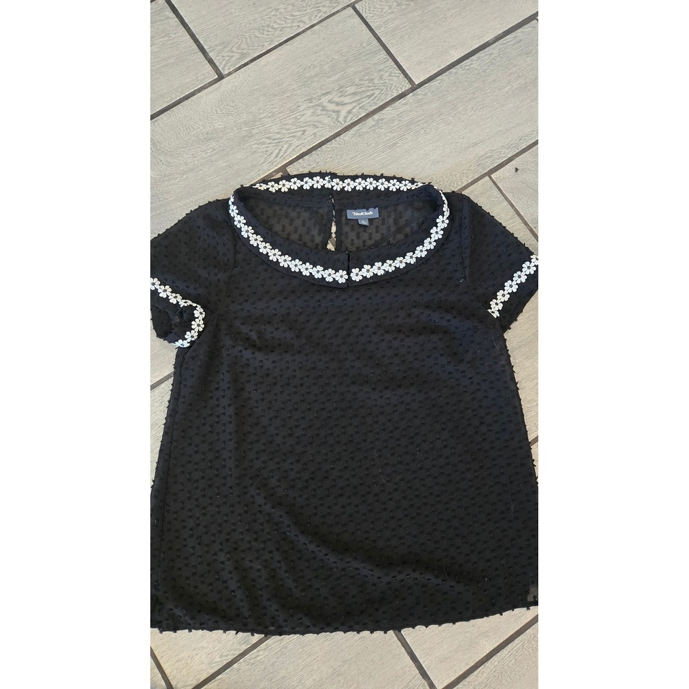ModCloth Black Clip Dot Blouse Daisy Embroidered Peter Pan Collar Top Large